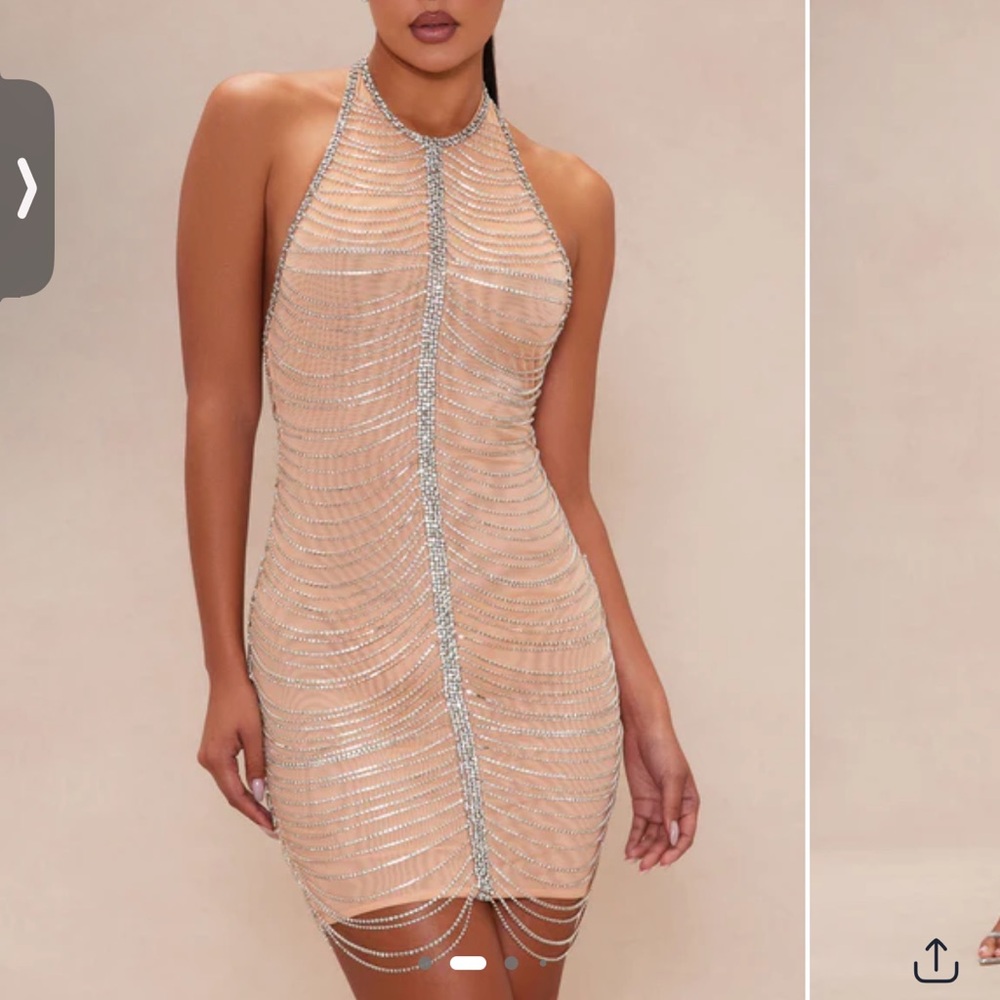 Sparkling Nude Halter Mini Dress